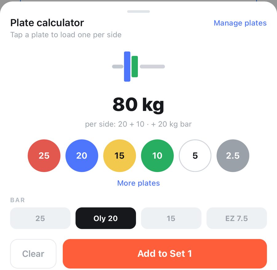 PRUV app plate calculator showing 80 kg in total: 20 + 10 kg per side on a 20 kg Olympic bar, with plate buttons 25 to 2.5, More plates, Clear and Add to Set 1