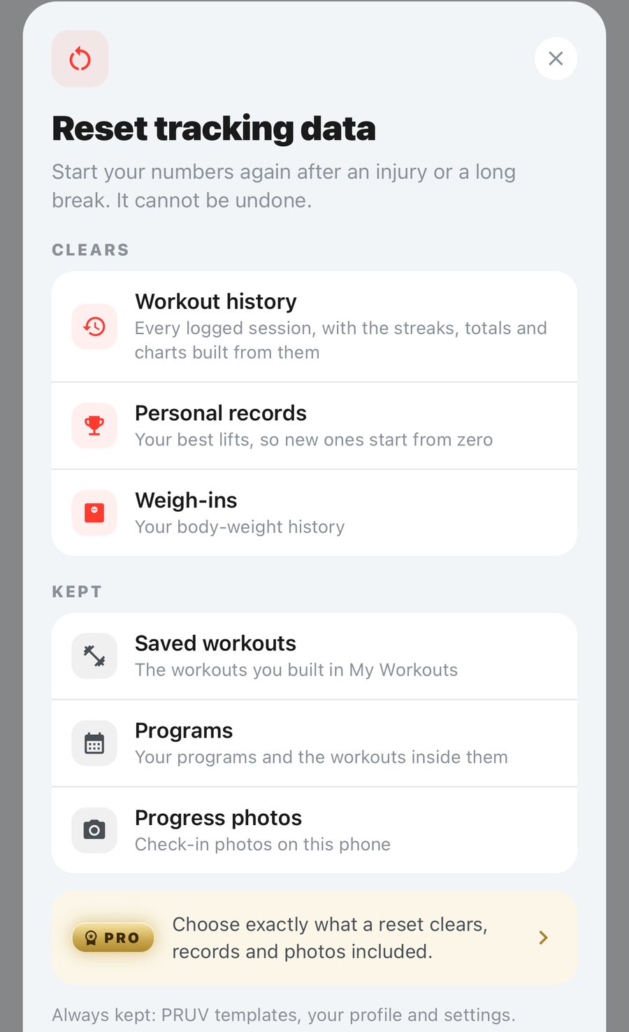 PRUV app Reset tracking data screen listing what a reset clears: workout history, personal records and weigh-ins, and what it keeps: saved workouts, programs and progress photos
