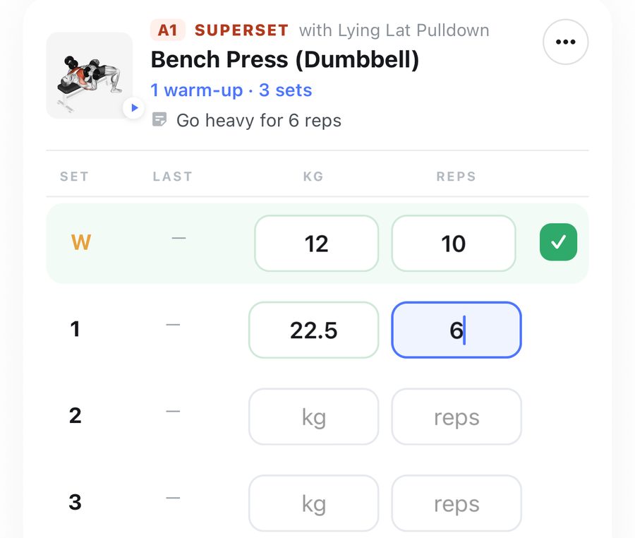 PRUV app workout screen showing sets with KG, REPS and LAST columns while logging an exercise