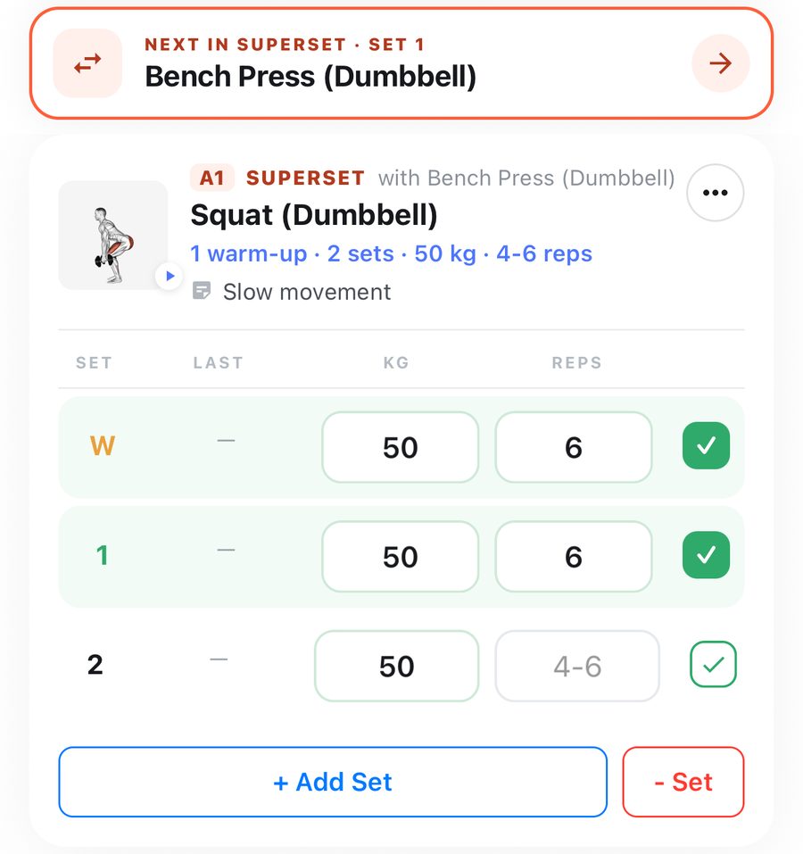 PRUV app workout screen mid-superset: the orange Next in superset · set 1 row for Bench Press (Dumbbell) above the A1 Squat (Dumbbell) card with a warm-up, set 1 and set 2