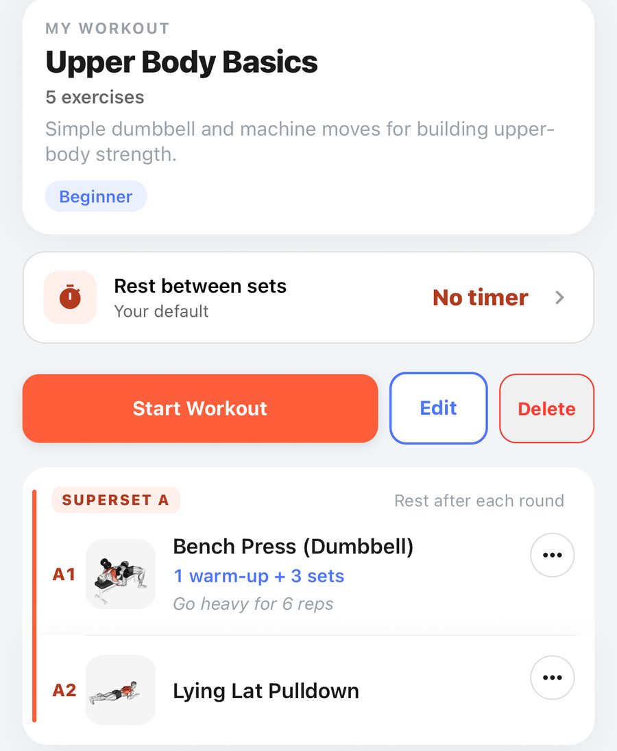 PRUV app saved workout Upper Body Basics, with Rest between sets, Start Workout and a superset of Bench Press and Lying Lat Pulldown marked A1 and A2